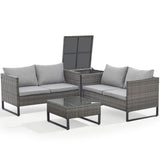 NNEDSZ LONDON RATTAN 4 pc Outdoor Furniture Setting, 4 Seater Lounge, Chairs, Coffee Table and Storage Box, for Outdoors Garden Patio, Grey