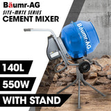NNEDSZ BAUMR-AG 140L Portable Cement Concrete Mixer with Pedestal Stand, 550W Electric Motor, 10 Inch Solid Rubber Wheels