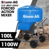 NNEDSZ BAUMR-AG 100L Forced Action Pan Mixer, 1100W Electric Motor, Lightweight 58kg Design, for Mortar Screed Resin Cement, 8 Inch Solid Rubber Wheels