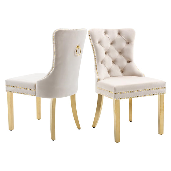 NNEDSZ AADEN 2x Velvet Dining Chairs with Golden Metal Legs-Beige