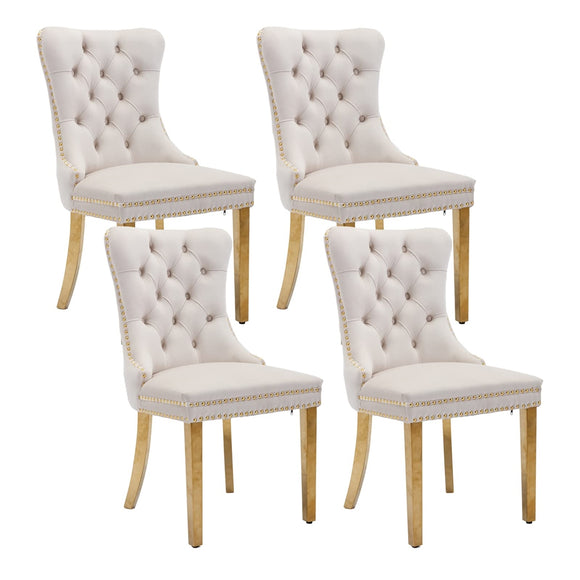 NNEDSZ AADEN 4x Velvet Dining Chairs with Golden Metal Legs-Beige