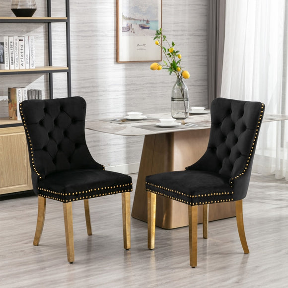 NNEDSZ AADEN 2x Velvet Dining Chairs with Golden Metal Legs-Black