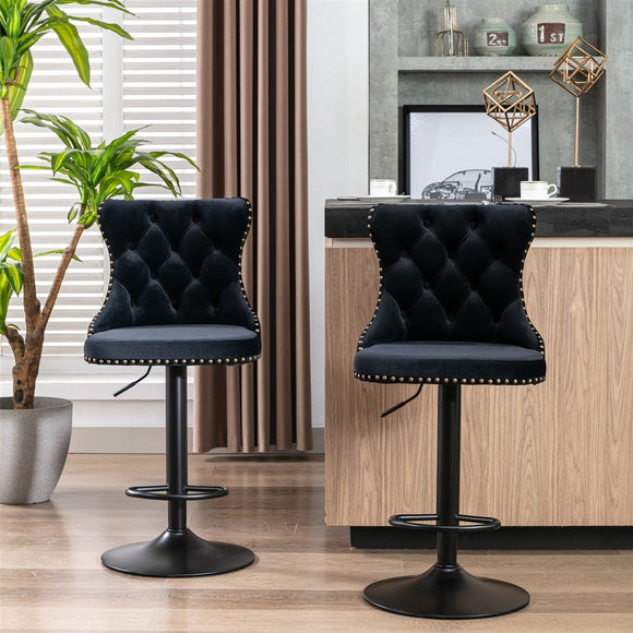NNEDSZ 2x Height Adjustable Swivel Bar Stool Velvet Nailhead Barstool with Footrest