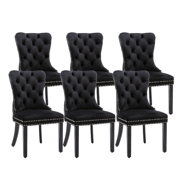 NNEDSZ 6x Velvet Dining Chairs Upholstered Tufted Kithcen Chair with Solid Wood Legs Stud Trim and Ring-Black