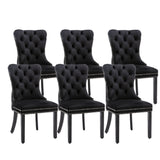 NNEDSZ 6x Velvet Dining Chairs Upholstered Tufted Kithcen Chair with Solid Wood Legs Stud Trim and Ring-Black