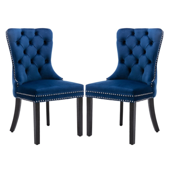 NNEDSZ 2x Velvet Dining Chairs Upholstered Tufted Kithcen Chair with Solid Wood Legs Stud Trim and Ring-Blue