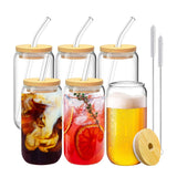 NNEDSZ 6 Pcs Clear Drinking Glasses with Bamboo Lids and Glass Straw(16 Oz )
