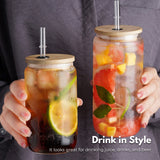 NNEDSZ 6 Pcs Clear Drinking Glasses with Bamboo Lids and Glass Straw(16 Oz )