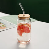 NNEDSZ 6 Pcs Clear Drinking Glasses with Bamboo Lids and Glass Straw(16 Oz )