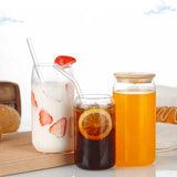 NNEDSZ 6 Pcs Clear Drinking Glasses with Bamboo Lids and Glass Straw(16 Oz )