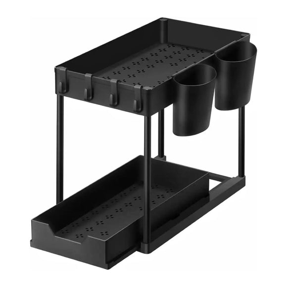 NNEDSZ 2 Packs 2-Tier Under Sink Organizer Shelf with 8 Hanging Hooks and 2 Cup Holders (Black)