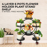 NNEDSZ 4 Layer 6 Pots Flower Holder Plant Stand Shelf with 4-Wheel (Black)