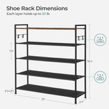 NNEDSZ 5 Tier Shoe Rack Storage Organizer for 20-25 Pairs with 4 Hooks Rustic Brown LMR035B01
