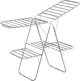 NNEDSZ Foldable 2-Level Large Clothes Drying Rack with Adjustable Wings 33 Drying Rails and Clips Silver and White