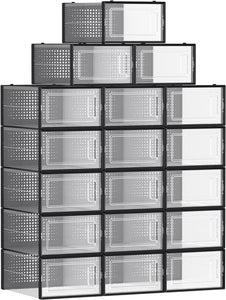 NNEDSZ 18 Pack Foldable Stackable Shoe Boxes Max AU Size 11 Black Transparent
