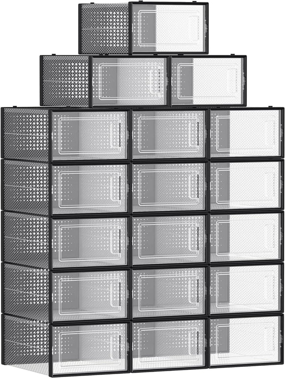 NNEDSZ 18 Pack Foldable Stackable Shoe Boxes Max AU Size 11 Black Transparent