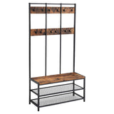 NNEDSZ Large Coat Rack Stand Coat Tree with 12 Hooks and Shoe Bench Brown and Black