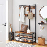 NNEDSZ Large Coat Rack Stand Coat Tree with 12 Hooks and Shoe Bench Brown and Black