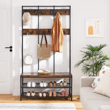 NNEDSZ Large Coat Rack Stand Coat Tree with 12 Hooks and Shoe Bench Brown and Black