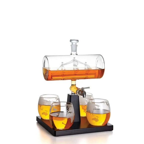 NNEDSZ 1L Whiskey or Wine Sailboat Glass Decanter Set - 4x Globe Glasses + Wooden Stand