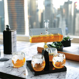 NNEDSZ 1L Whiskey or Wine Sailboat Glass Decanter Set - 4x Globe Glasses + Wooden Stand