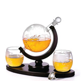 NNEDSZ 850ml Whiskey or Wine Globe Glass Decanter Set - 2x Glasses + Wooden Stand