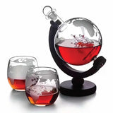 NNEDSZ 850ml Whiskey or Wine Globe Glass Decanter Set - 2x Glasses + Wooden Stand