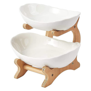 NNEDSZ 2 Tier Porcelain Fruit Bowl - Ceramic Vegetable Storage With Bamboo Stand