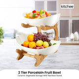 NNEDSZ 2 Tier Porcelain Fruit Bowl - Ceramic Vegetable Storage With Bamboo Stand