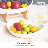 NNEDSZ 2 Tier Porcelain Fruit Bowl - Ceramic Vegetable Storage With Bamboo Stand