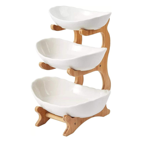 NNEDSZ 3 Tier Porcelain Fruit Bowl - Ceramic Vegetable Storage With Bamboo Stand