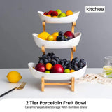 NNEDSZ 3 Tier Porcelain Fruit Bowl - Ceramic Vegetable Storage With Bamboo Stand