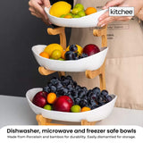 NNEDSZ 3 Tier Porcelain Fruit Bowl - Ceramic Vegetable Storage With Bamboo Stand
