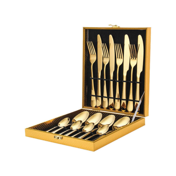 NNEDSZ 16 Piece Gold Cutlery Set - Stainless Steel Flatware Knife Fork Spoon Gift Box