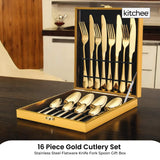 NNEDSZ 16 Piece Gold Cutlery Set - Stainless Steel Flatware Knife Fork Spoon Gift Box