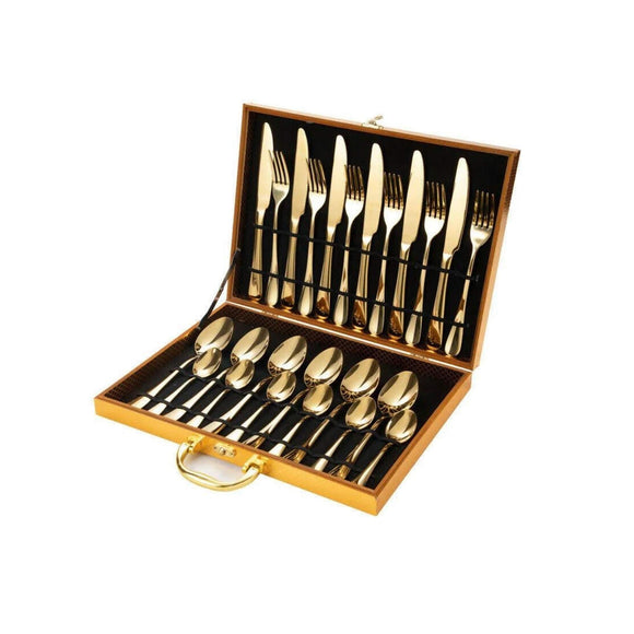 NNEDSZ 24 Piece Gold Cutlery Set - Stainless Steel Flatware Knife Fork Spoon Gift Box
