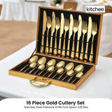 NNEDSZ 24 Piece Gold Cutlery Set - Stainless Steel Flatware Knife Fork Spoon Gift Box