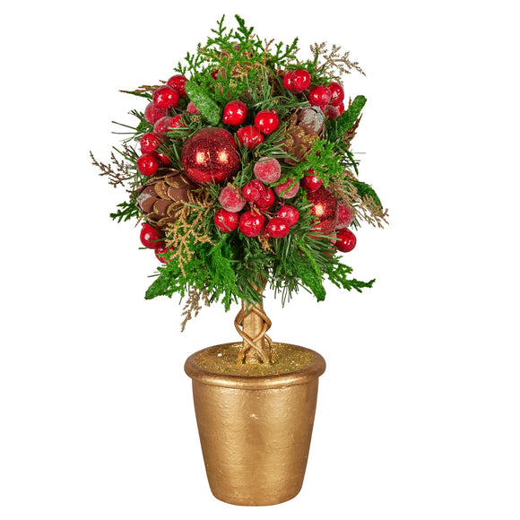 NNEDSZ Christabelle 36cm Christmas Tabletop Topiary Tree Pre-Decorated Berries, Baubles & Pine Cones Gold Pot Twisted Stem Festive Decoration