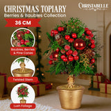 NNEDSZ Christabelle 36cm Christmas Tabletop Topiary Tree Pre-Decorated Berries, Baubles & Pine Cones Gold Pot Twisted Stem Festive Decoration