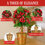 NNEDSZ Christabelle 36cm Christmas Tabletop Topiary Tree Pre-Decorated Berries, Baubles & Pine Cones Gold Pot Twisted Stem Festive Decoration