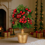 NNEDSZ Christabelle 36cm Christmas Tabletop Topiary Tree Pre-Decorated Berries, Baubles & Pine Cones Gold Pot Twisted Stem Festive Decoration