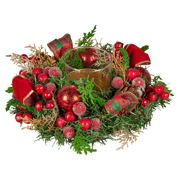 NNEDSZ Christabelle 26cm Christmas Centrepiece Lush Green Holiday Display w/Red Berries & Hurricane Candle Holder Pre-decorated for Dining Table Console