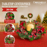 NNEDSZ Christabelle 26cm Christmas Centrepiece Lush Green Holiday Display w/Red Berries & Hurricane Candle Holder Pre-decorated for Dining Table Console