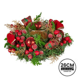 NNEDSZ Christabelle 26cm Christmas Centrepiece Lush Green Holiday Display w/Red Berries & Hurricane Candle Holder Pre-decorated for Dining Table Console