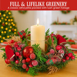 NNEDSZ Christabelle 26cm Christmas Centrepiece Lush Green Holiday Display w/Red Berries & Hurricane Candle Holder Pre-decorated for Dining Table Console