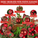 NNEDSZ Christabelle 26cm Christmas Centrepiece Lush Green Holiday Display w/Red Berries & Hurricane Candle Holder Pre-decorated for Dining Table Console
