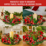 NNEDSZ Christabelle 26cm Christmas Centrepiece Lush Green Holiday Display w/Red Berries & Hurricane Candle Holder Pre-decorated for Dining Table Console
