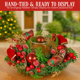 NNEDSZ Christabelle 26cm Christmas Centrepiece Lush Green Holiday Display w/Red Berries & Hurricane Candle Holder Pre-decorated for Dining Table Console