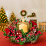 NNEDSZ Christabelle 26cm Christmas Centrepiece Lush Green Holiday Display w/Red Berries & Hurricane Candle Holder Pre-decorated for Dining Table Console