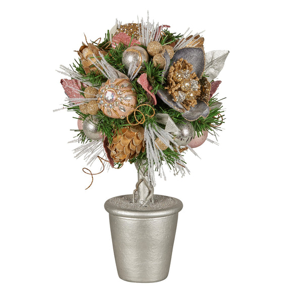 NNEDSZ Christabelle 36cm Christmas Tabletop Topiary Tree Jewelled Baubles, Berries, Flowers and Pine Cones Festive Decoration
